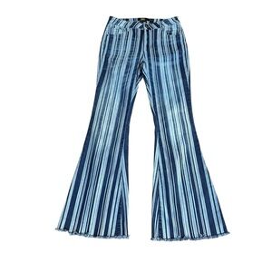 Lucky & Blessed Women's Blue Striped Flare Jeans Y2K Boho Flared Raw Hem Size 12